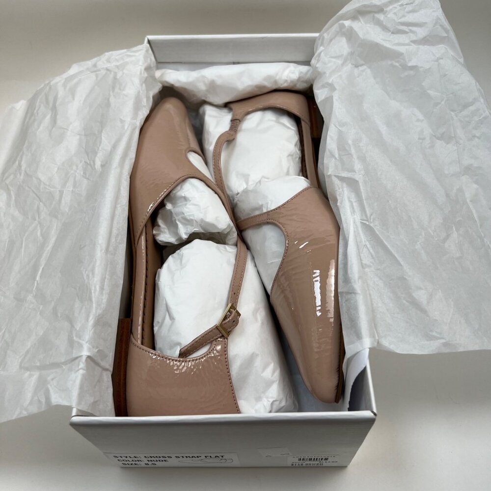 Anthropologie Leather Cross Strap Ballet Flat Shoes Patent Nude Neutral Size 8.5 - Picture 7 of 7